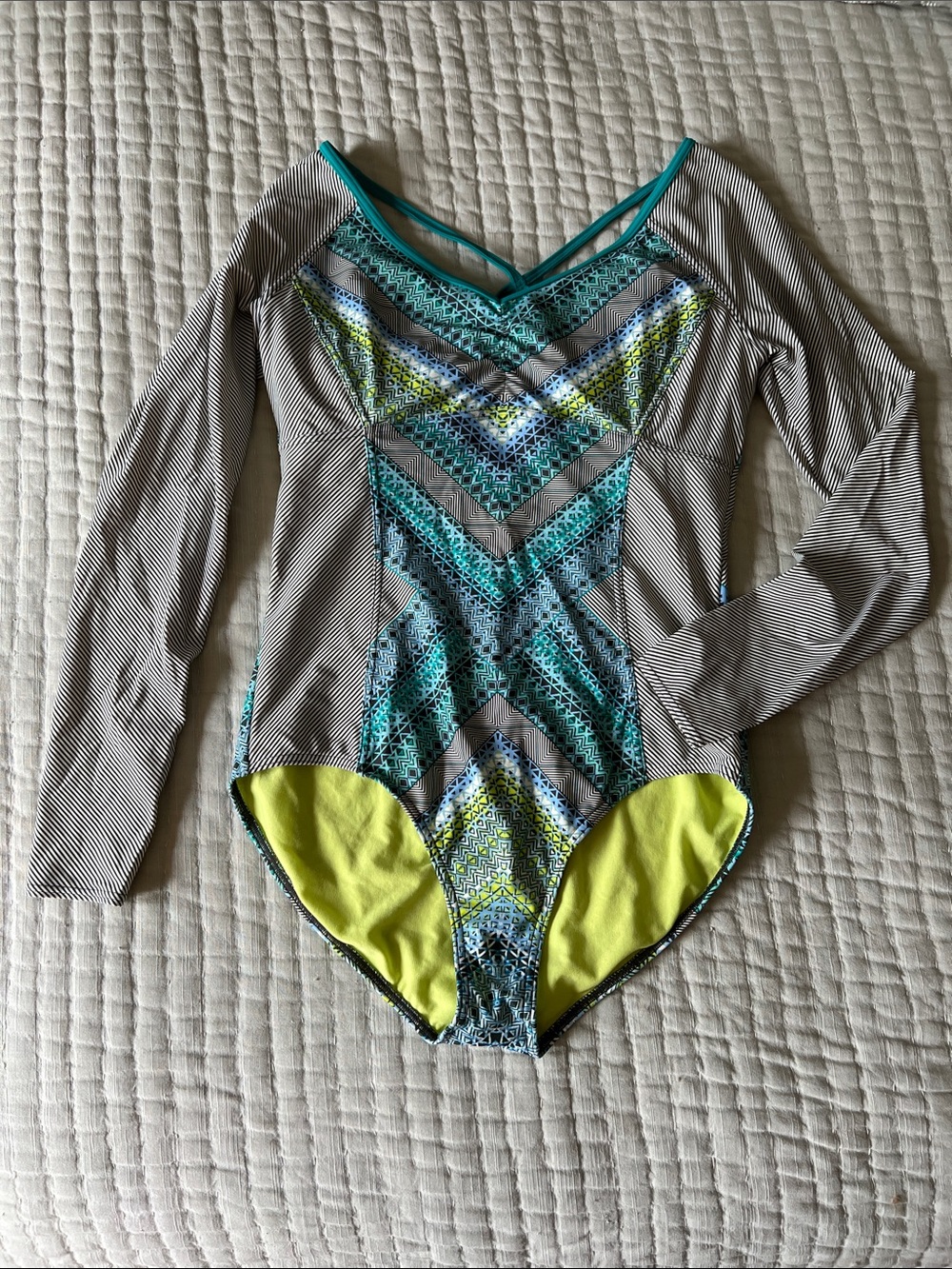 Prana Long-Sleeve One-Piece Swimsuit in Teal, Yellow and Black